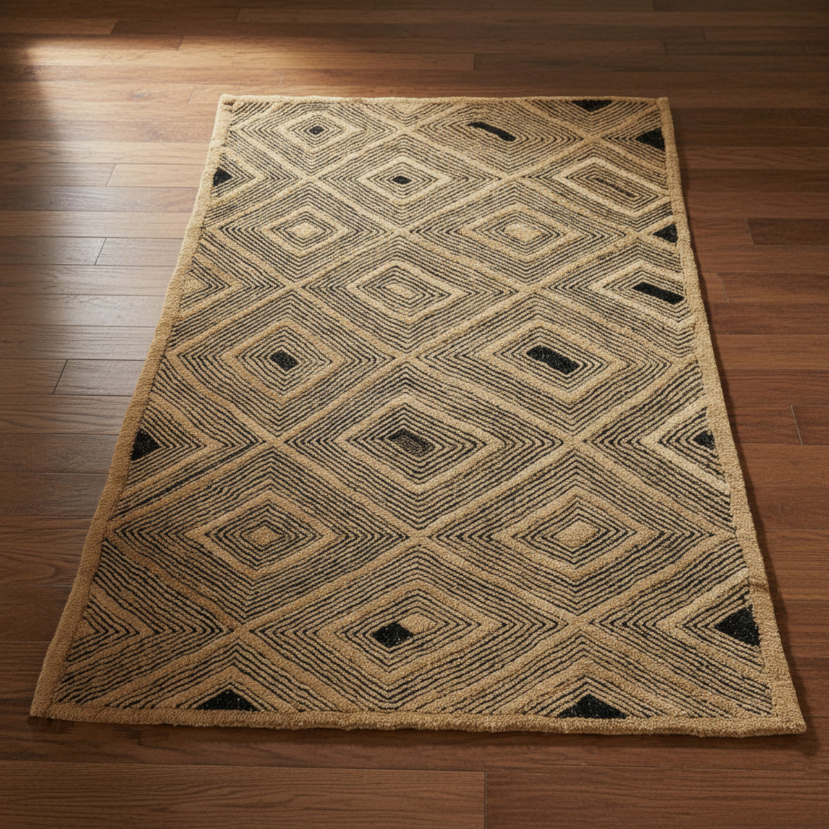 Moroccan Hand Tufted Wool Blend Carpet - Beige & Black Diamonds