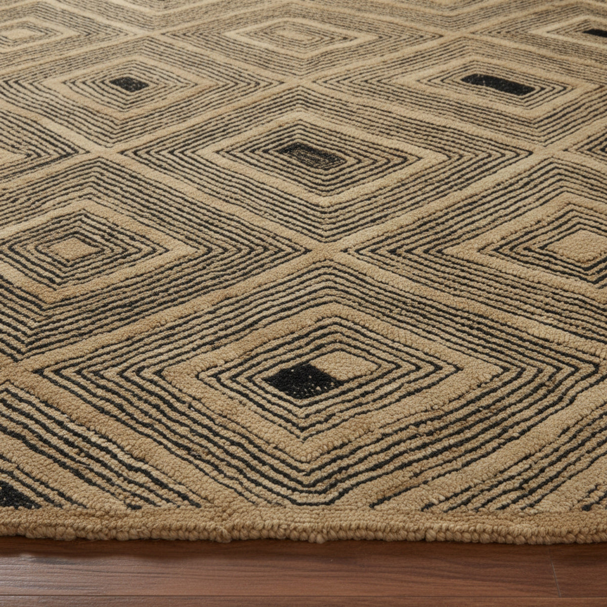 Moroccan Hand Tufted Wool Blend Carpet - Beige & Black Diamonds