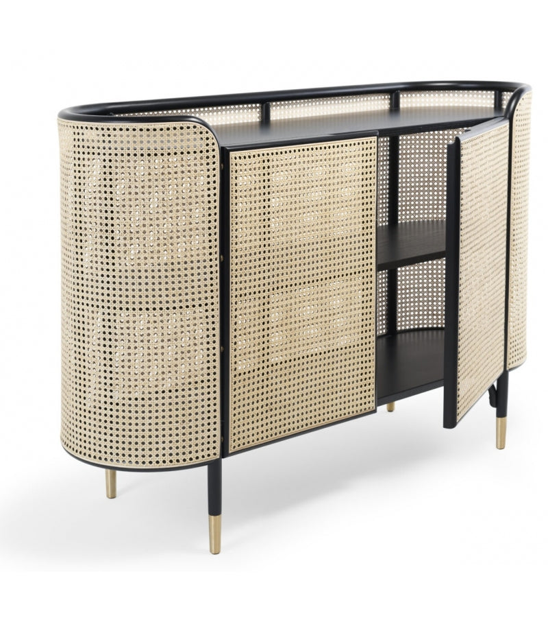 Elegant Vienna Console Storage Unit: Curved Beech, Cane Panels, Ash Shelves, Brass Accents