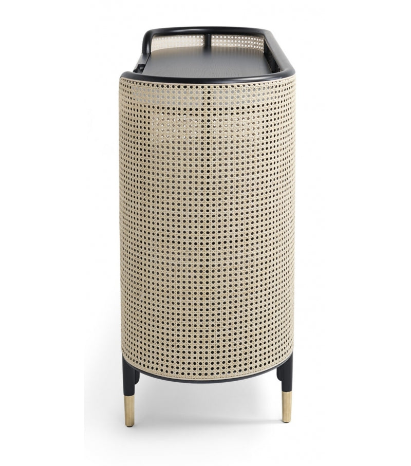Elegant Vienna Console Storage Unit: Curved Beech, Cane Panels, Ash Shelves, Brass Accents