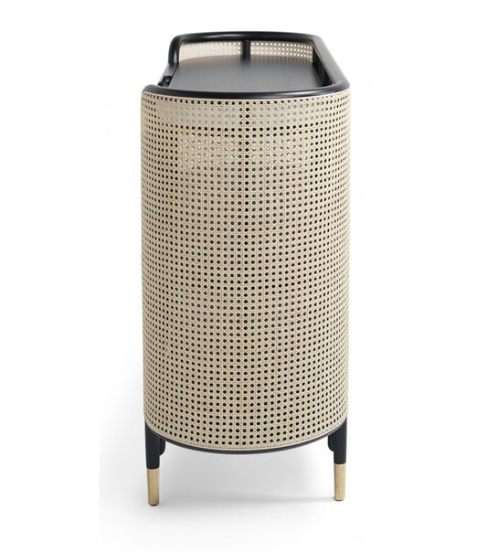 Elegant Vienna Console Storage Unit: Curved Beech, Cane Panels, Ash Shelves, Brass Accents