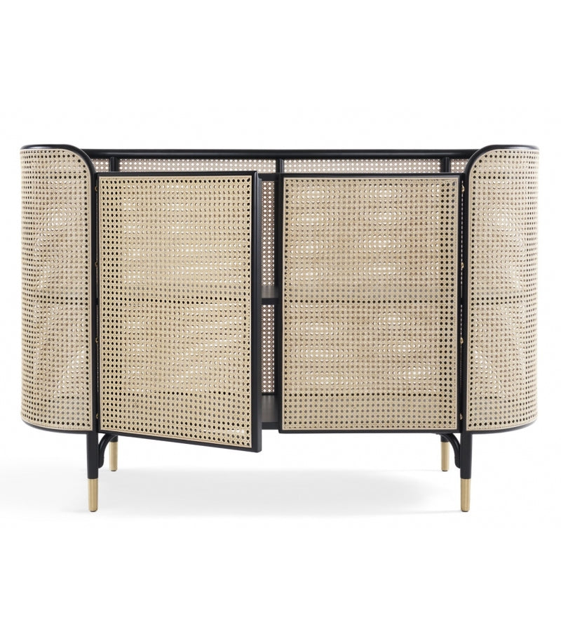 Elegant Vienna Console Storage Unit: Curved Beech, Cane Panels, Ash Shelves, Brass Accents