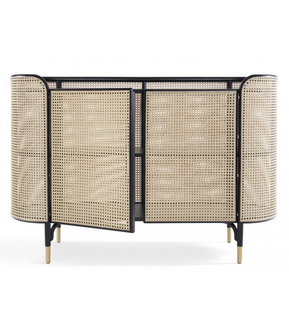 Elegant Vienna Console Storage Unit: Curved Beech, Cane Panels, Ash Shelves, Brass Accents