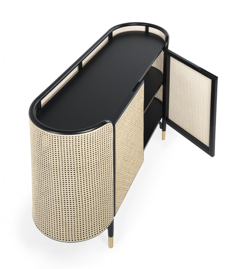 Elegant Vienna Console Storage Unit: Curved Beech, Cane Panels, Ash Shelves, Brass Accents