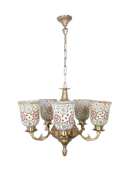 Priya 5 Light Brass Chandelier with Tilak Mosaic Glass Shades without background