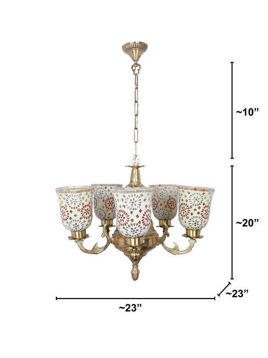 Priya 5 Light Brass Chandelier with Tilak Mosaic Glass Shades dimensions
