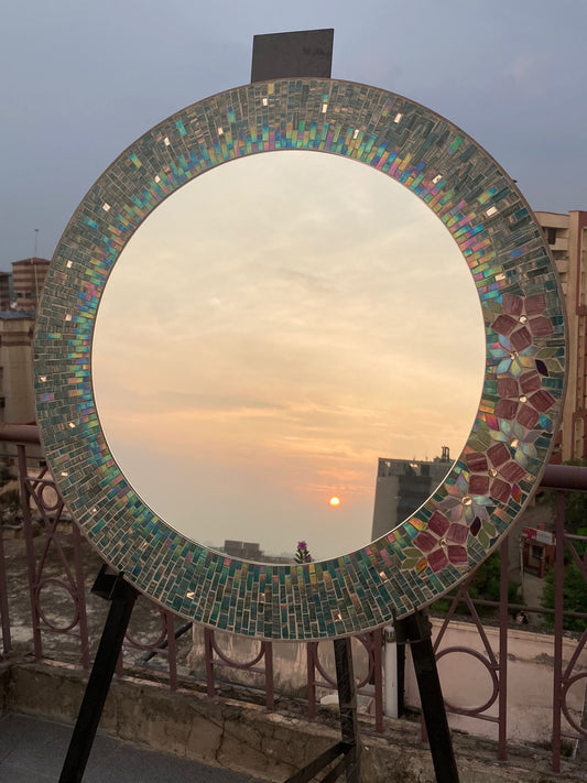 Teal Ombre Pink Flowers Mosaic Frame Mirror