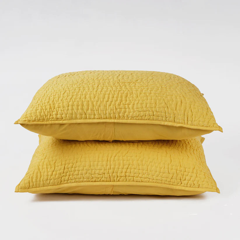 Mustard Yellow 300TC cotton satin quilted pillow covers, Kantha stripe quilting pattern, Sizes available