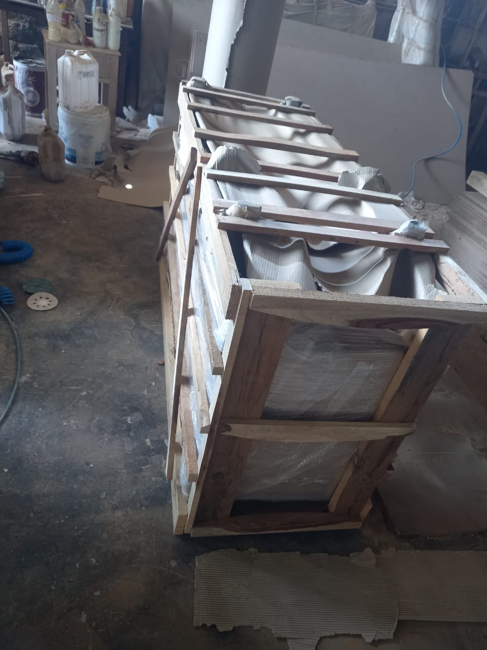 Curator's Cart nature inspired deer cabinet sideboard packed in wooden crate ready for shipment