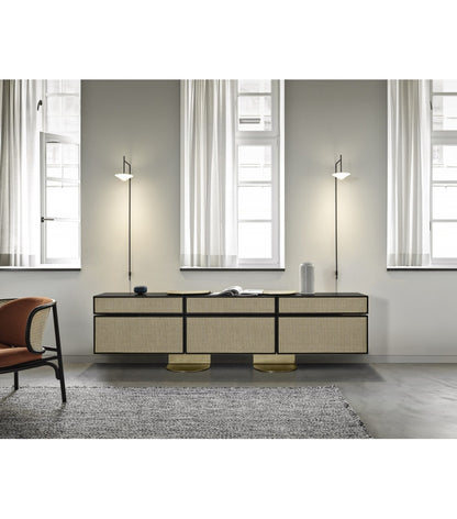 Elegant Vienna Console Storage Unit: Curved Beech, Cane Panels, Ash Shelves, Brass Accents