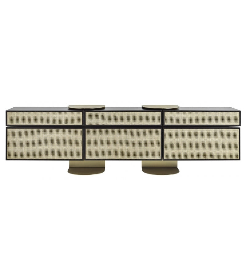 Elegant Vienna Console Storage Unit: Curved Beech, Cane Panels, Ash Shelves, Brass Accents