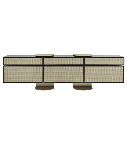 Elegant Vienna Console Storage Unit: Curved Beech, Cane Panels, Ash Shelves, Brass Accents