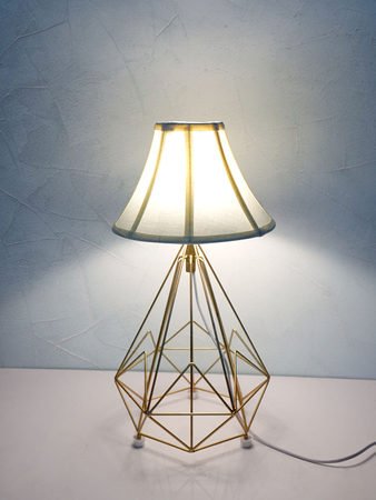 Golden Metal Wire Cage Diamond Pyramid Bedside Table Lamp with Off-white Fabric Bell Shade