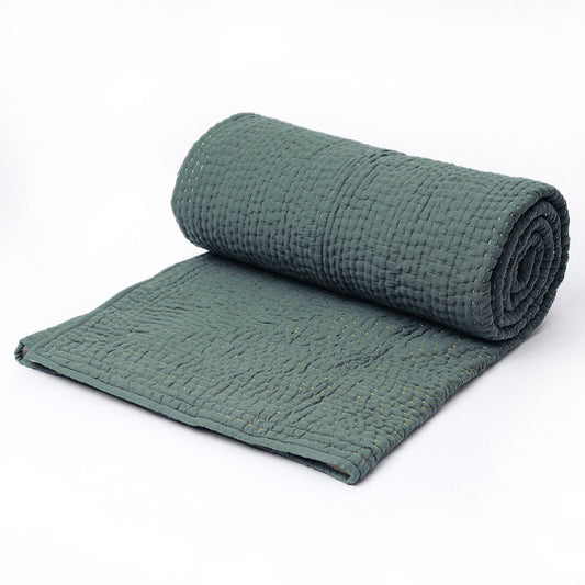 Olive Green kantha bedspread, frame pattern hand quilting on 4 layer muslin gauze with cotton wadding, Sizes available