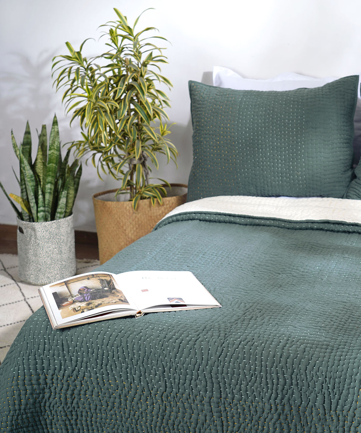 Olive Green kantha bedspread, frame pattern hand quilting on 4 layer muslin gauze with cotton wadding, Sizes available