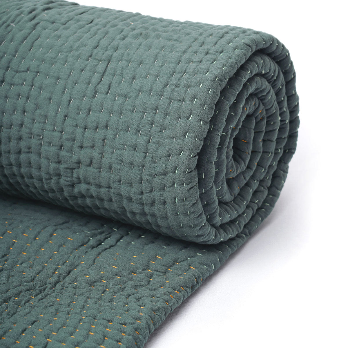 Olive Green kantha bedspread, frame pattern hand quilting on 4 layer muslin gauze with cotton wadding, Sizes available