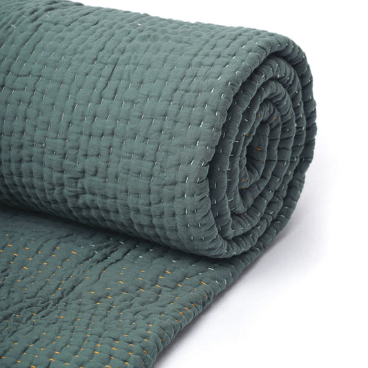 Olive Green kantha bedspread, frame pattern hand quilting on 4 layer muslin gauze with cotton wadding, Sizes available