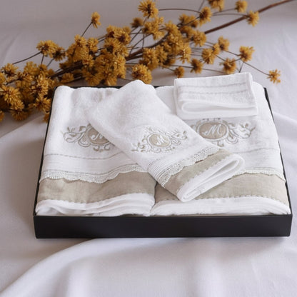 GIFT PACK - Luxury Towel Set – 4 Pieces | Customizable with Monogram | Linen Appliqué and Embroidery