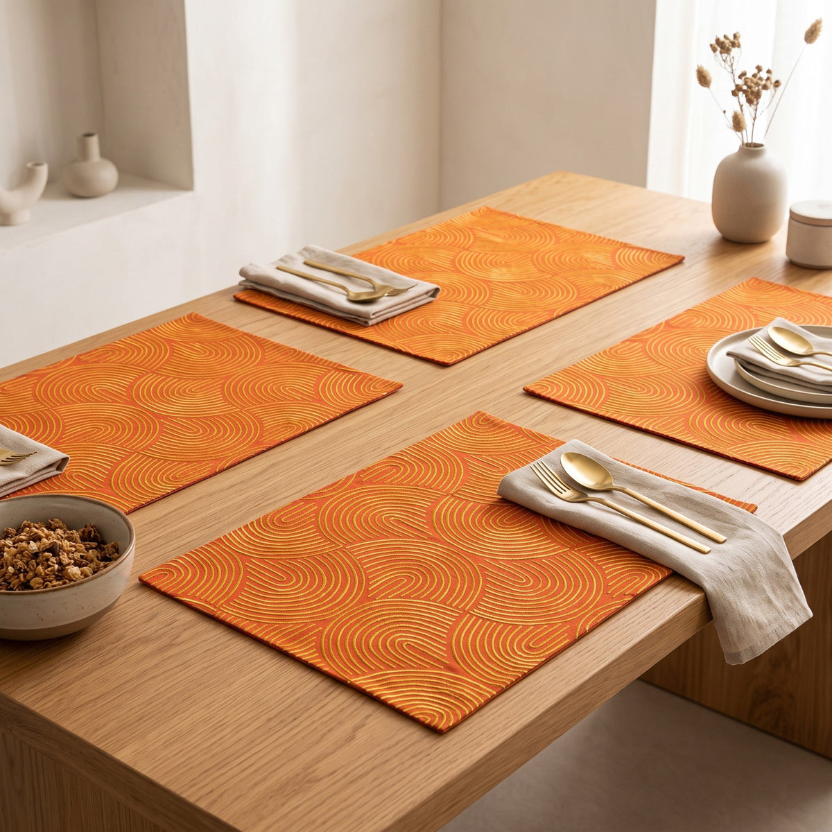 Kashidakaari Tangerine Placemat | Modern Retro Geometric Embroidery | 100% Cotton