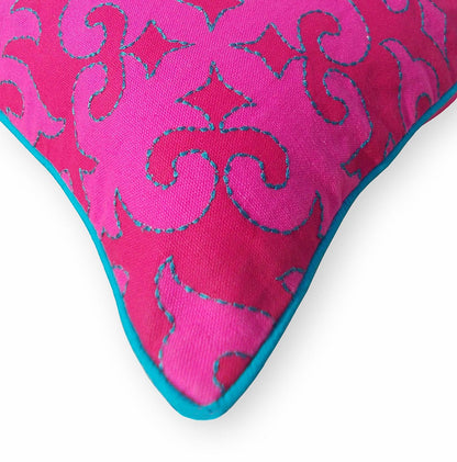 Shyrdak Bright Pink Cotton Cushion Cover – Scrolling Vine Print, Turquoise Rice Stitch & Piping | 6 Sizes