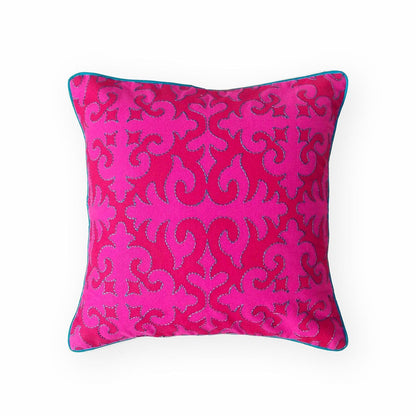 Shyrdak Bright Pink Cotton Cushion Cover – Scrolling Vine Print, Turquoise Rice Stitch & Piping | 6 Sizes