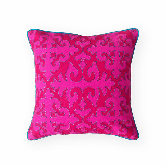Shyrdak Bright Pink Cotton Cushion Cover – Scrolling Vine Print, Turquoise Rice Stitch & Piping | 6 Sizes