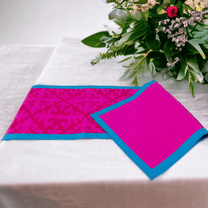 Shyrdak Hot Pink Cotton Table Runner – Tone-on-Tone Scroll Print with Turquoise Border | 2 Sizes
