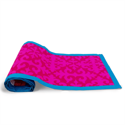Shyrdak Hot Pink Cotton Table Runner – Tone-on-Tone Scroll Print with Turquoise Border | 2 Sizes