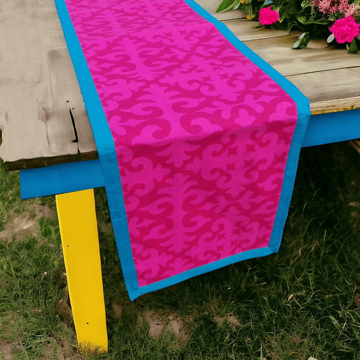 Shyrdak Hot Pink Cotton Table Runner – Tone-on-Tone Scroll Print with Turquoise Border | 2 Sizes