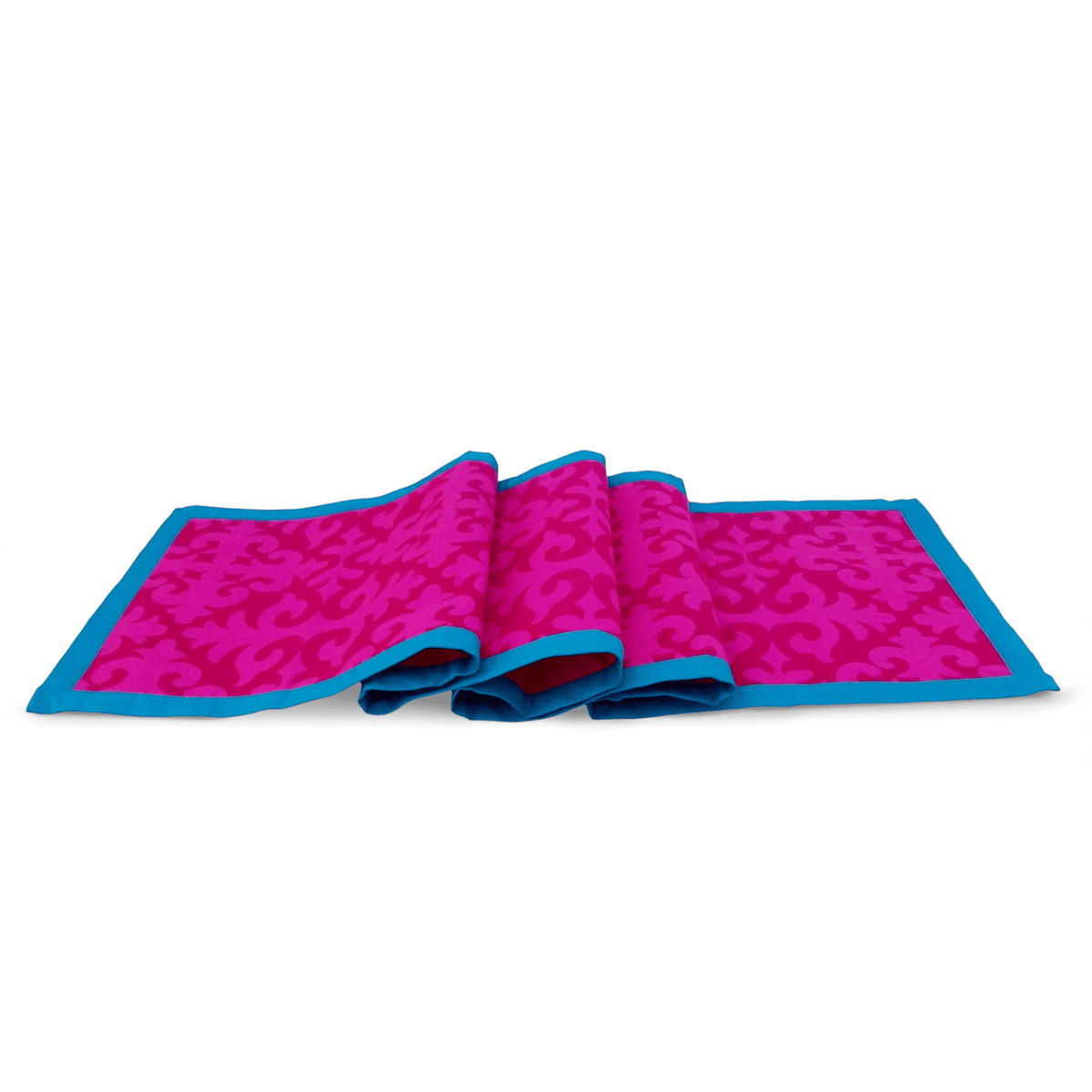 Shyrdak Hot Pink Cotton Table Runner – Tone-on-Tone Scroll Print with Turquoise Border | 2 Sizes