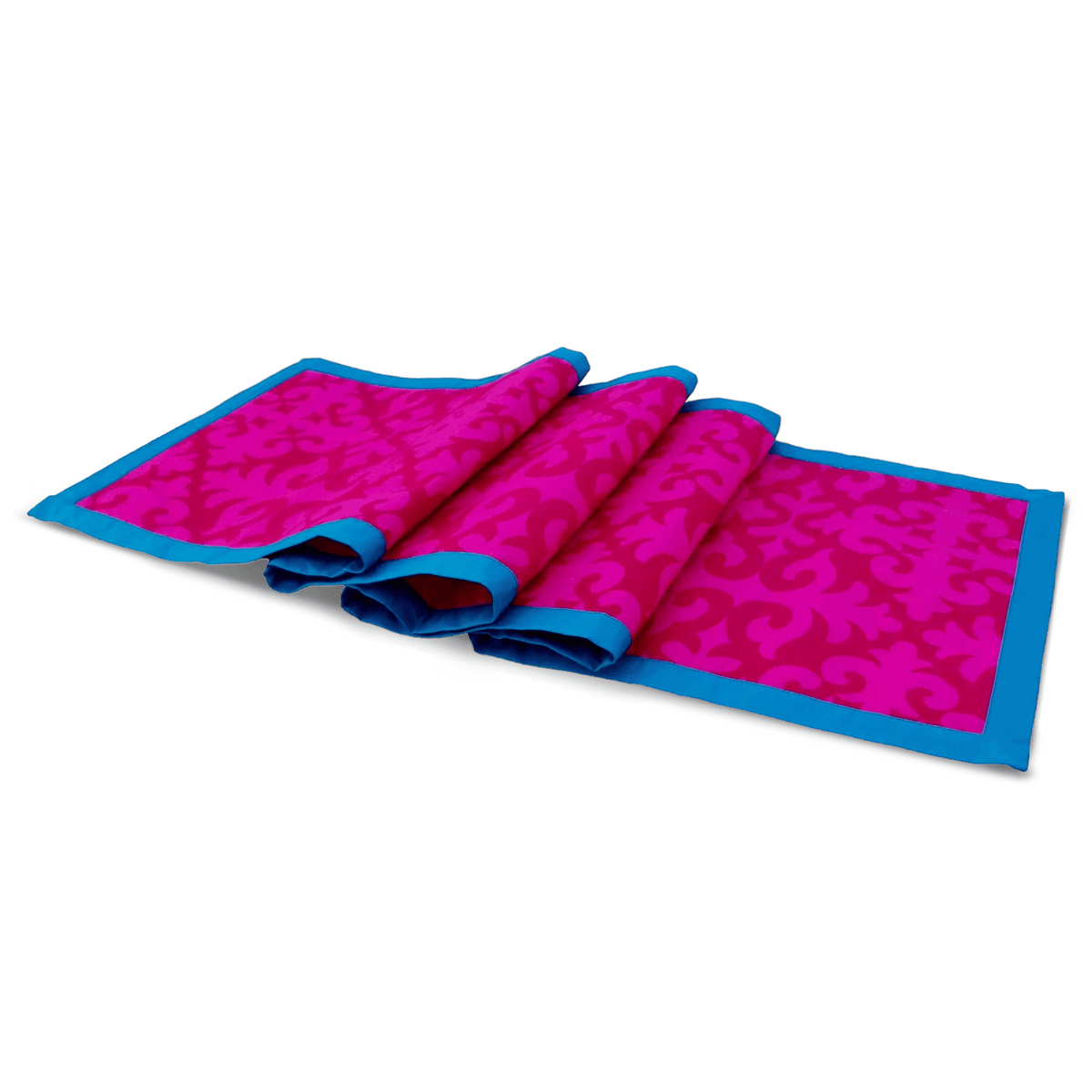 Shyrdak Hot Pink Cotton Table Runner – Tone-on-Tone Scroll Print with Turquoise Border | 2 Sizes