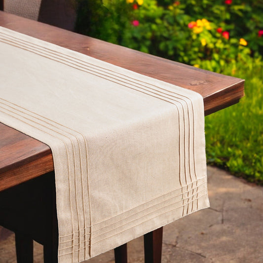 Amour Solid Beige Linen Table Runner | Pintuck Border | 4 & 6 Seater + Custom