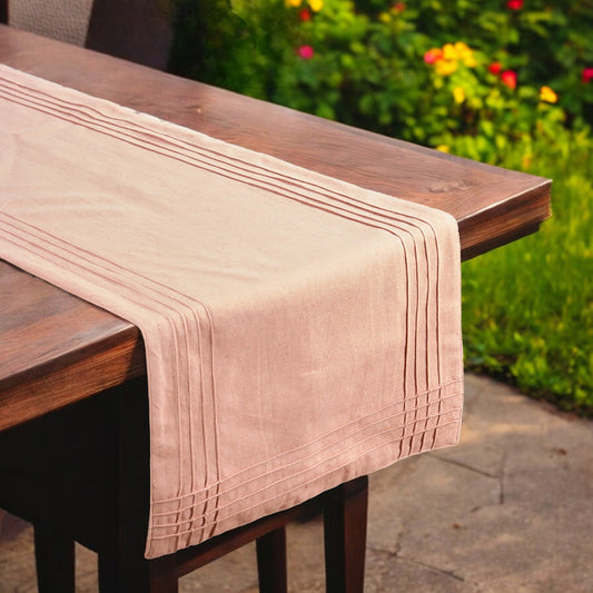 Blush Linen Cotton Table Runner with Pintuck Border – Elegant Solid Finish