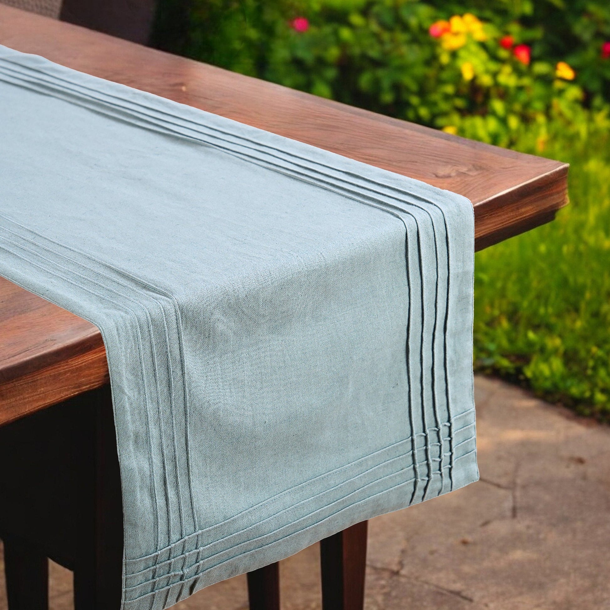 Amour Duck Egg Linen Cotton Table Runner with Pintuck Border