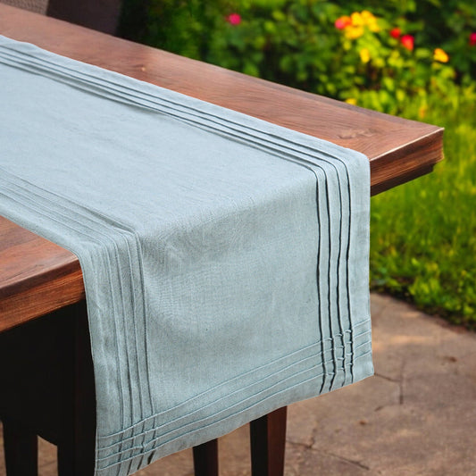 AMOUR Solid Duck Egg Linen-Cotton Table Runner with Pintuck Border