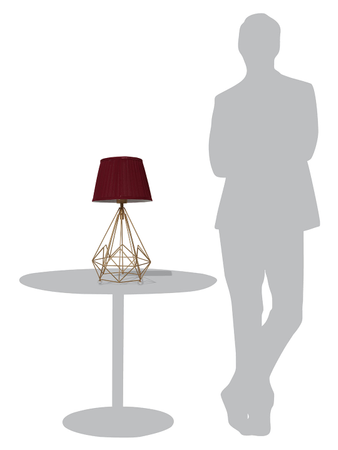 Golden Metal Wire Cage Diamond Pyramid Bedside Table Lamp with Pleated Maroon Fabric Shade