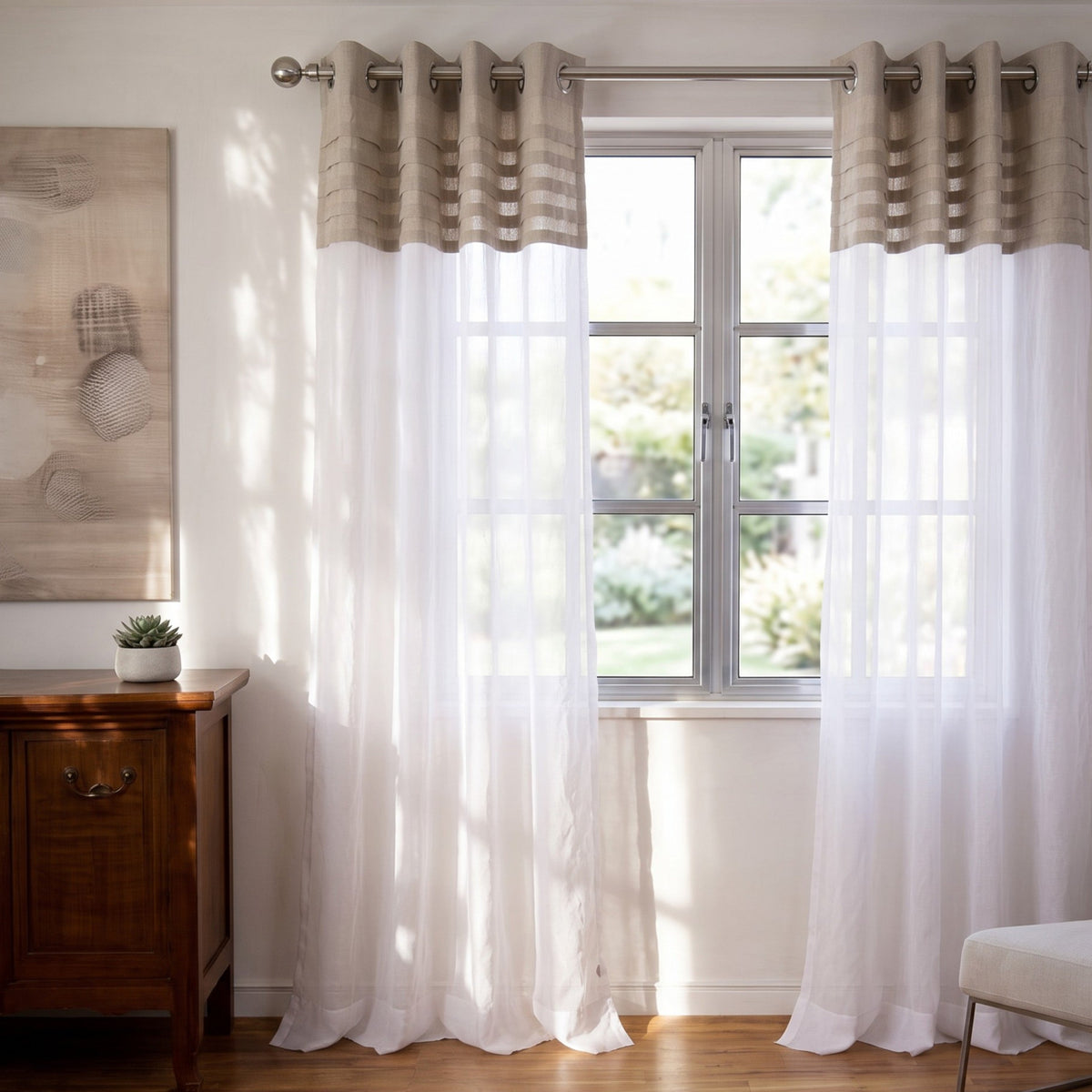 Linen & Organdy Curtain Panel | Pleated Linen Top | 4 Hanging Styles | 52 × 63 & 52 × 84 inches