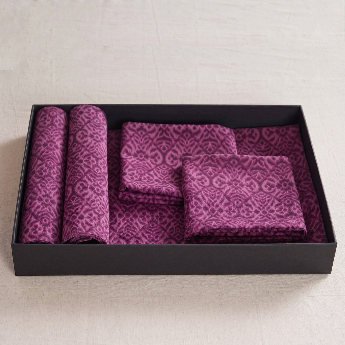 Ikat Table Linen Gift Pack | 3 Colours × 3 Combinations | Plum, Indigo & Beige | VLiving