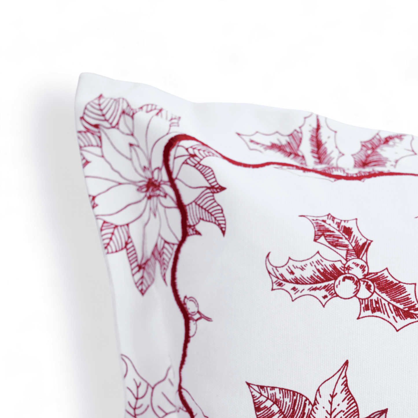 Red & White Poinsettia Christmas Pillow Cover with Embroidered Flange