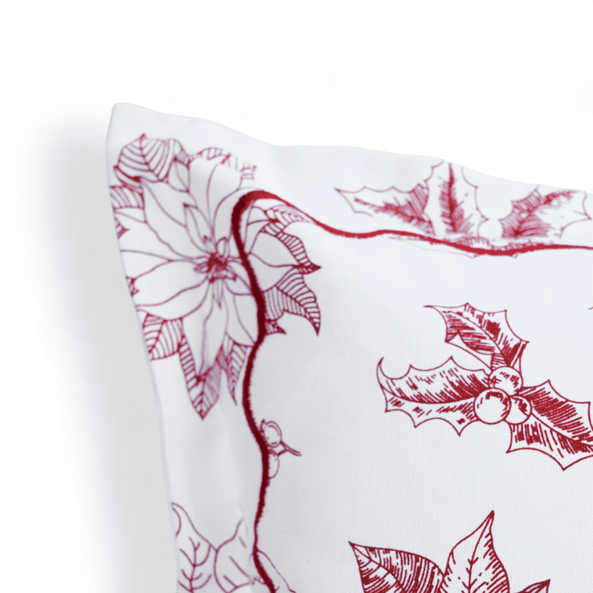 Red & White Poinsettia Christmas Pillow Cover with Embroidered Flange