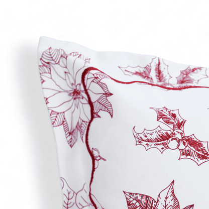 Red & White Poinsettia Christmas Pillow Cover with Embroidered Flange