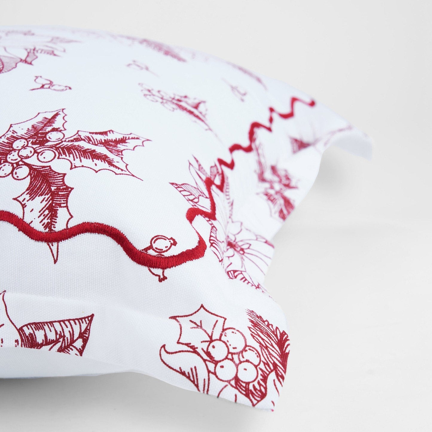 Red & White Poinsettia Christmas Pillow Cover with Embroidered Flange