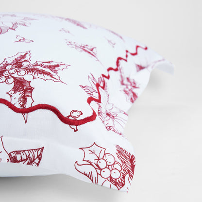 Red & White Poinsettia Christmas Pillow Cover with Embroidered Flange