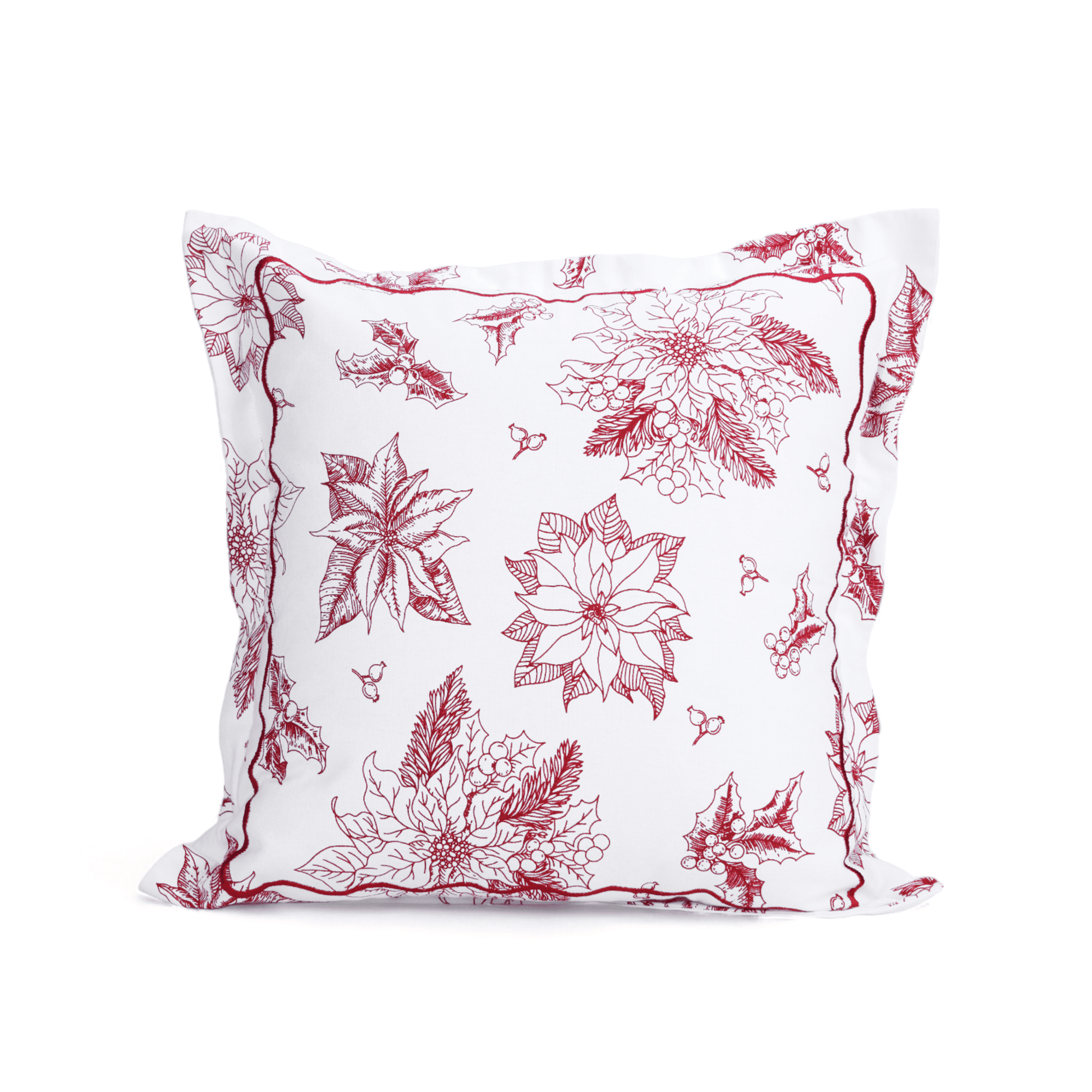 Red & White Poinsettia Christmas Pillow Cover with Embroidered Flange