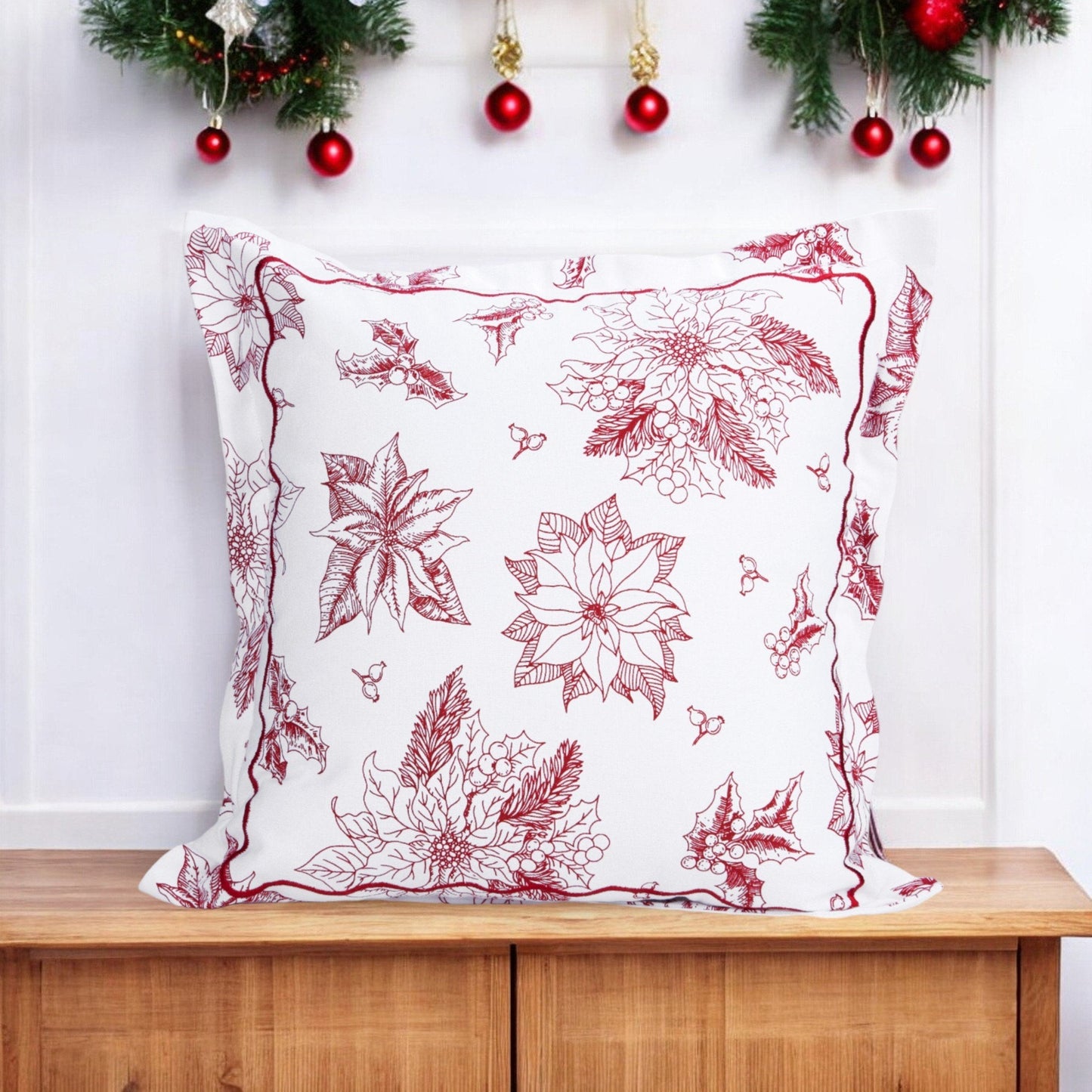 Red & White Poinsettia Christmas Pillow Cover with Embroidered Flange
