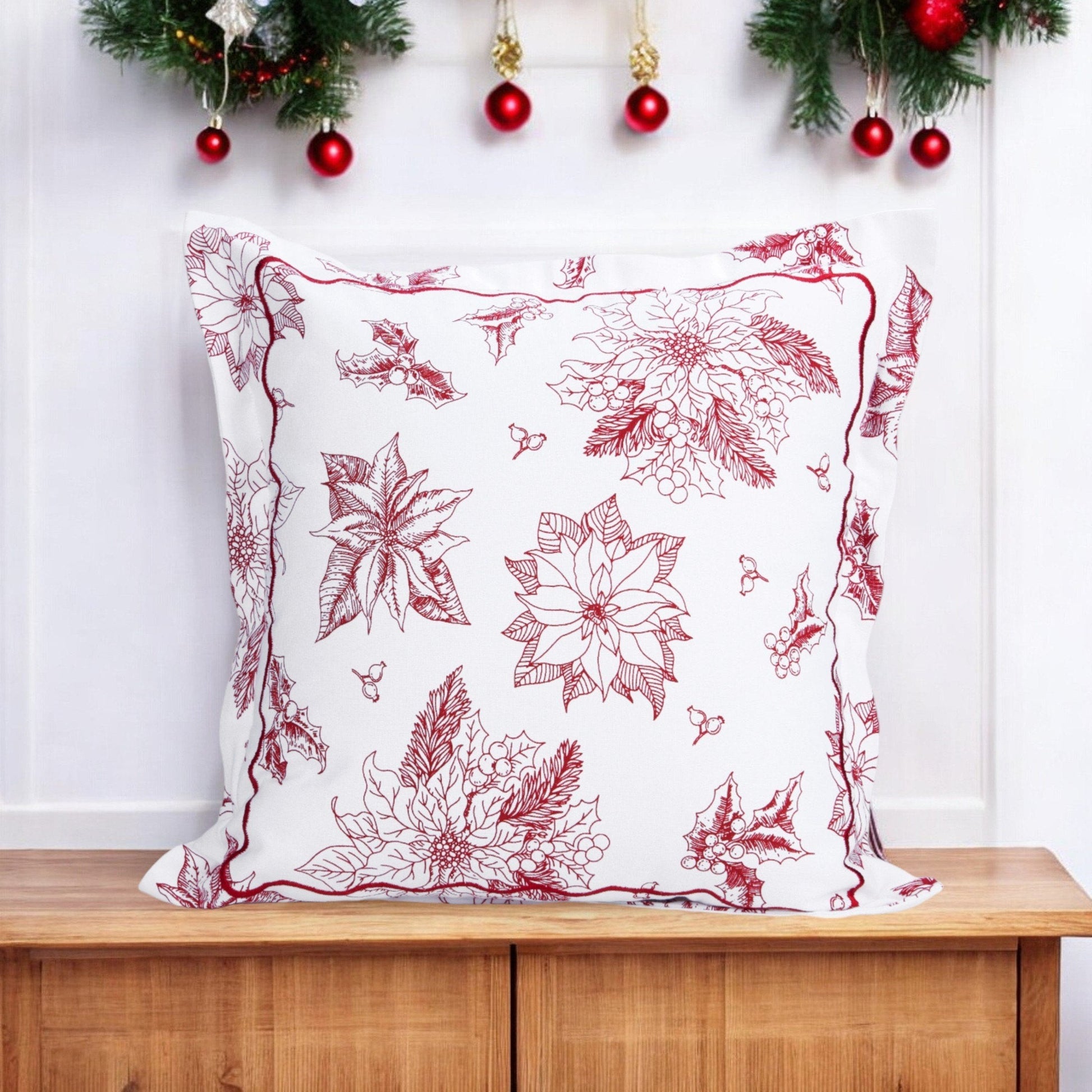 Red & White Poinsettia Christmas Pillow Cover with Embroidered Flange