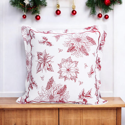 Red & White Poinsettia Christmas Pillow Cover with Embroidered Flange