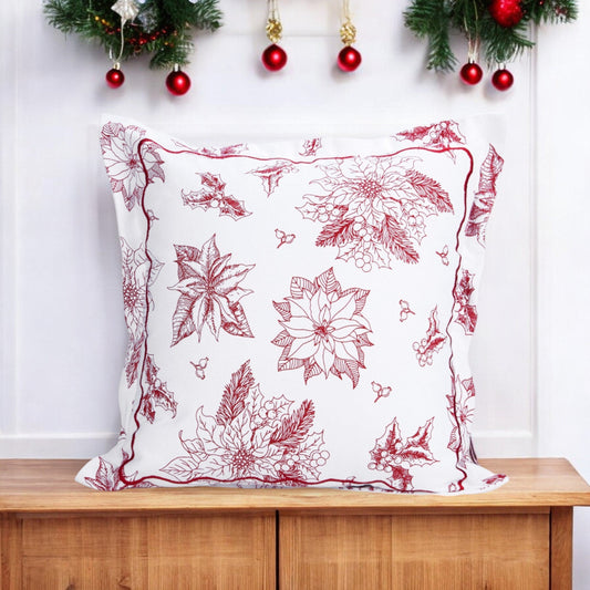 Red & White Poinsettia Christmas Pillow Cover with Embroidered Flange