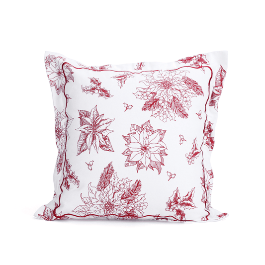 Christmas pillow cover, Red and white POINSETTIA print and embroidered flange, sizes available