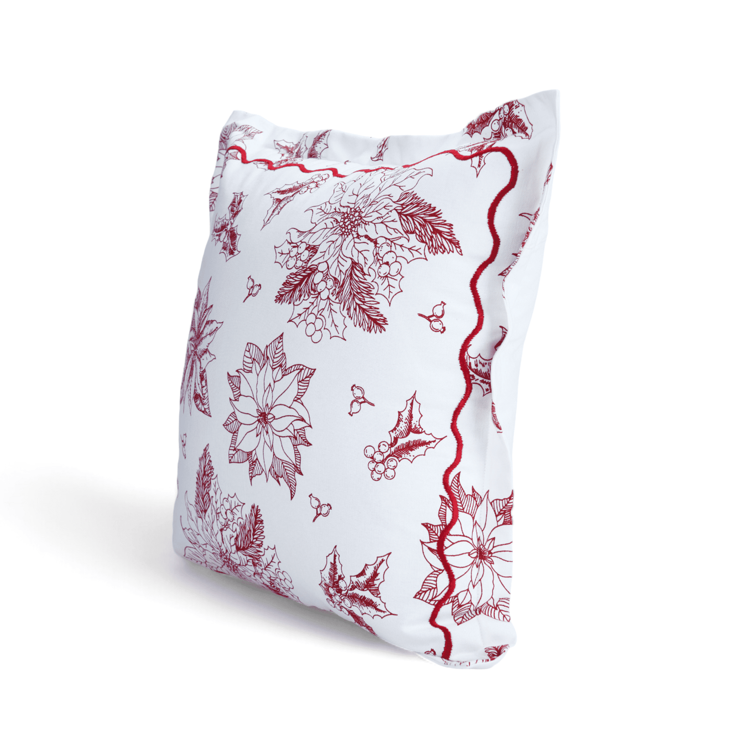Red & White Poinsettia Christmas Pillow Cover with Embroidered Flange